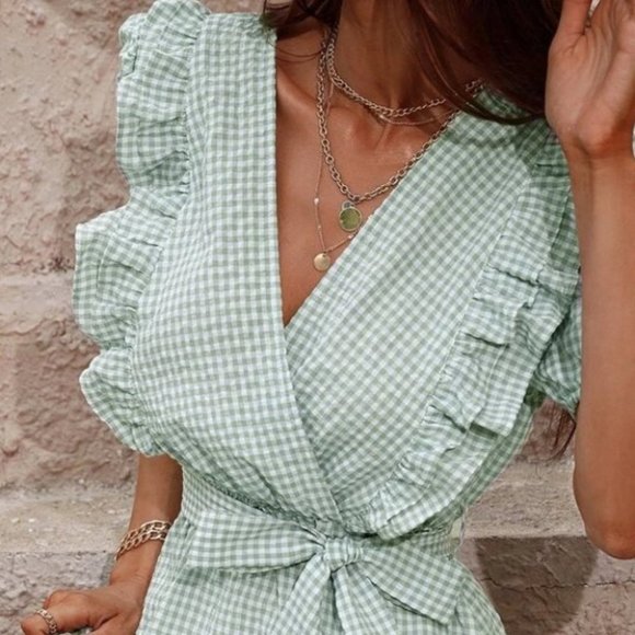Gingham Print Puff Sleeve Belted Mini Dress Green - Picture 4 of 6